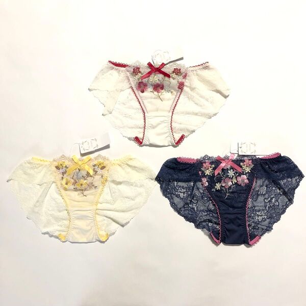 【Risa Magli】《入浴剤1袋付き》華やかで鮮やかな刺繍 レッド・イエロー・ネイビー レースショーツ 3枚セット Mサイズ♪