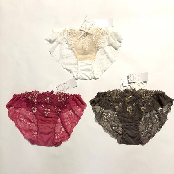 【Risa Magli】《入浴剤1袋付き》豪華チャーム&ゴールド刺繍 ホワイト・レッド・ブラウン レースショーツ 3枚セット M♪