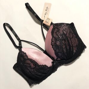 【DRW】《カラー紙マスク2枚付き》胸元セクシー ピンクオレンジ×ブラックレース ゴム付きブラ F70♪