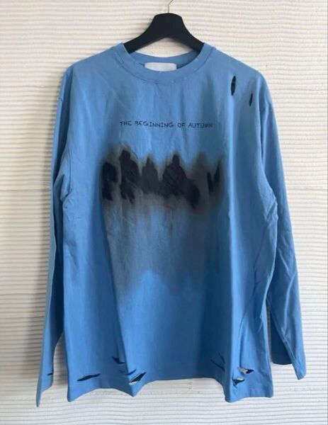 新品タグ付 ダメージ加工プリント ロンT 長袖 Tシャツ ストリート 青L