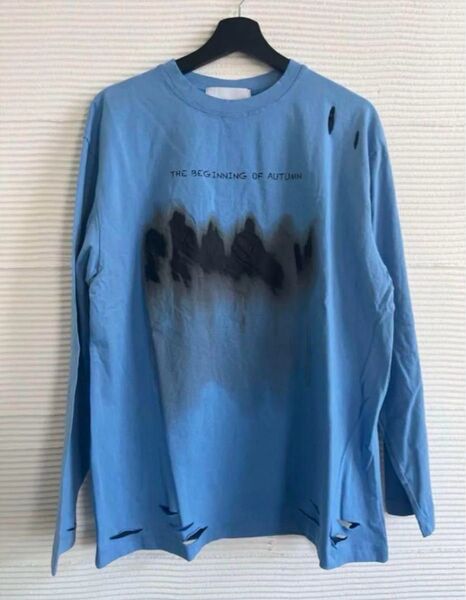 新品タグ付 ダメージ加工プリント ロンT 長袖 Tシャツ ストリート 青M