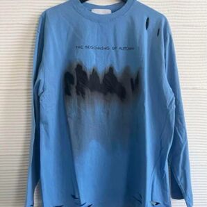 新品タグ付 ダメージ加工プリント ロンT 長袖 Tシャツ ストリート 青M