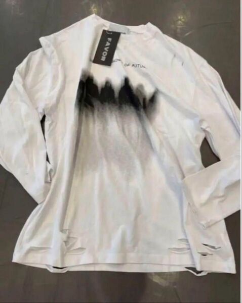 新品タグ付 ダメージ加工プリント ロンT 長袖 Tシャツ ストリート 白L