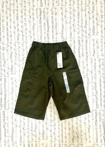 GU kids ドライワイドカーゴクロップドパンツ+E オリーブ 130