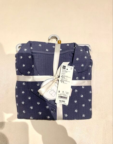GU women コットンブレンドリブパジャマ半袖フラワー ブルー S