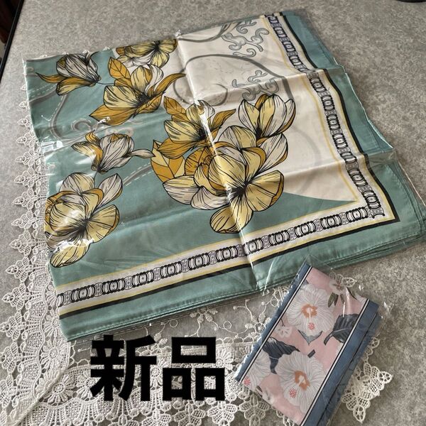 新品未使用品★スカーフ2枚セット★正方形★リボンチーフ★花柄 グリーン 華やか おしゃれ