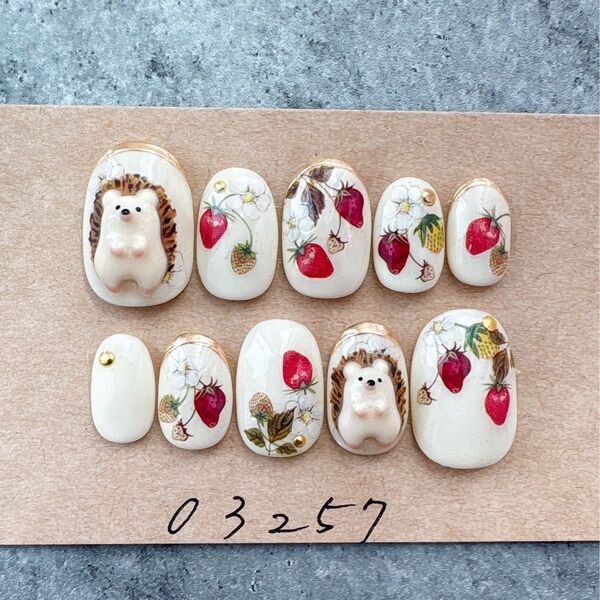 ネイルチップニュアンス苺3Dぽっちゃりハリネズミフレンチミラー989