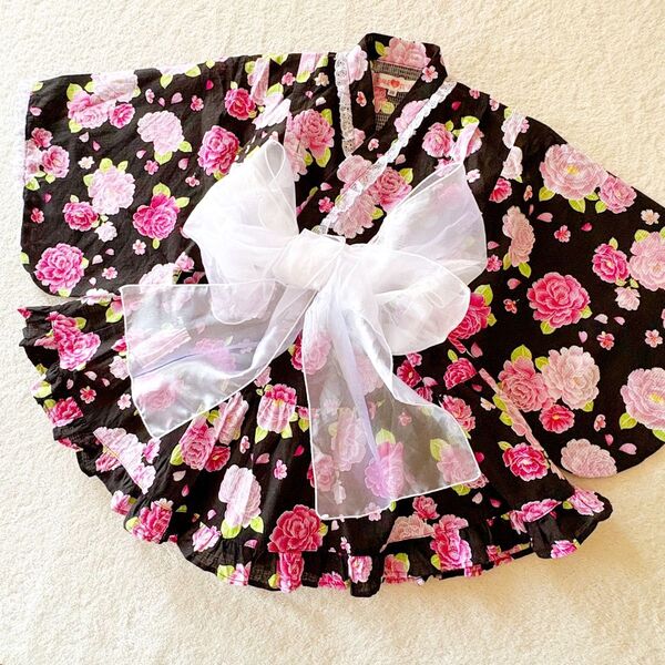 美品 110 タイム&タイム 浴衣ドレス キッズ 女の子 ブラック バラ 花柄 帯ドッキング