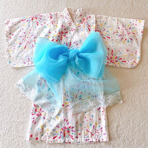 美品 女の子 100 アプレレクール 2way浴衣 浴衣ドレス 浴衣ワンピース ホワイト系 花火 ブルー オーガンジー 帯
