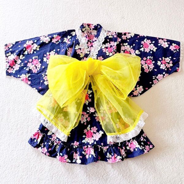 美品 110 マザウェイズ 2way ワンピース 浴衣ドレス ネイビー 花柄 浴衣セット