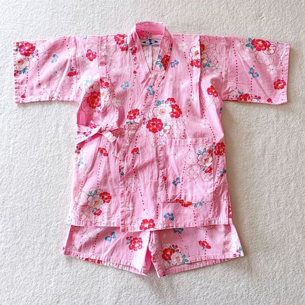 美品 浜松織物 子供甚平 110 女の子 ピンク 花柄 かわいい 甚平 女の子