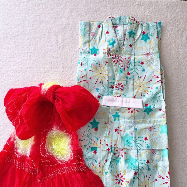 新品 未使用 120 浴衣 グリーン系 星 花火 ポップ 兵児帯