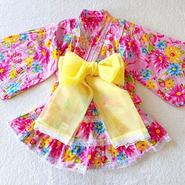 美品 110 セパレート 浴衣セット 浴衣ドレス ピンク 兵児帯 オーガンジー イエロー 女の子 花柄 いちご レース