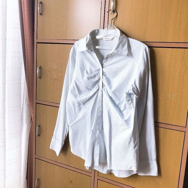 N lineエヌライン 洋服の青山 水色 13号 シャツ 長袖 オフィスカジュアル 水色ストライプ