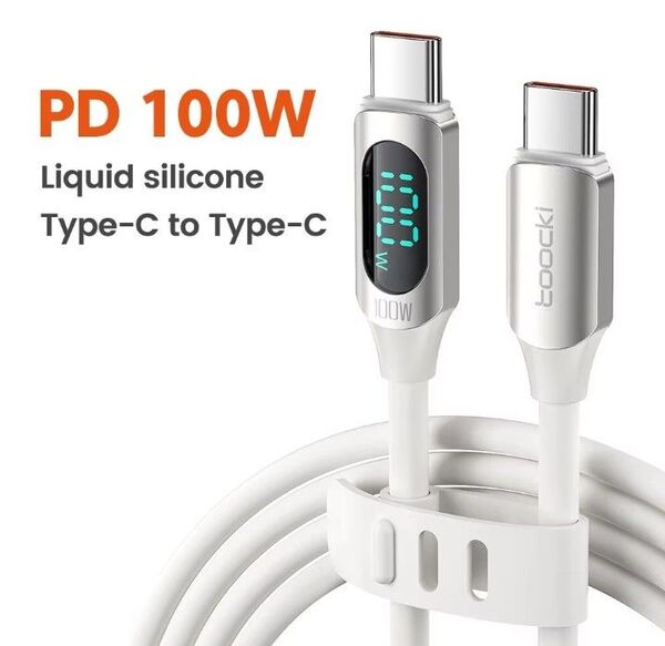 toocki PD 100W 高速充電 LED表示 usb type c-c ケーブル ホワイト シリコン 1M