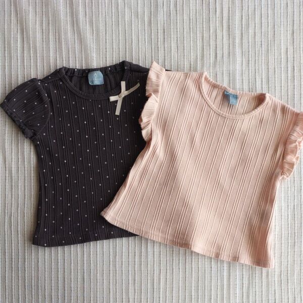 【ベビー キッズ 80cm 女の子 半袖 Tシャツ2枚セット】ドット柄リボン フリル袖口 リブ生地