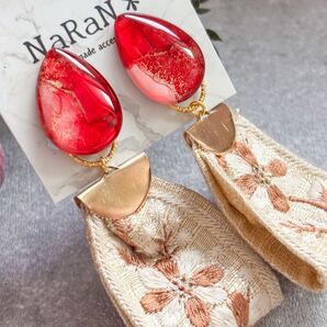 221≫アルコールインクアート【nara】2wayインド刺繍リボンタッセルイヤリング アクセサリー