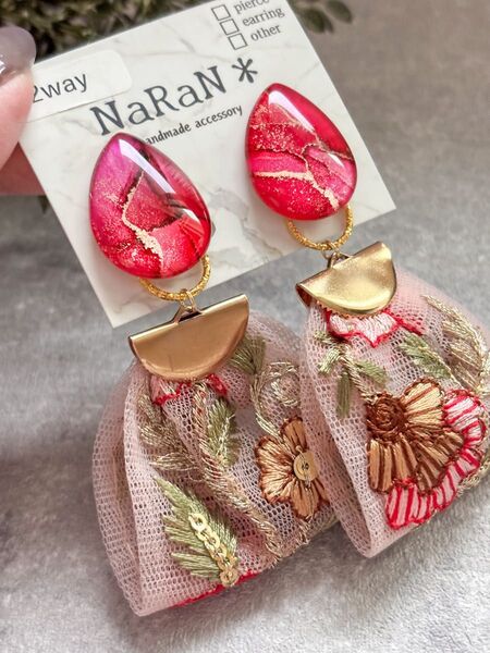 243≫アルコールインクアート【nara】2wayインド刺繍リボンタッセルイヤリング