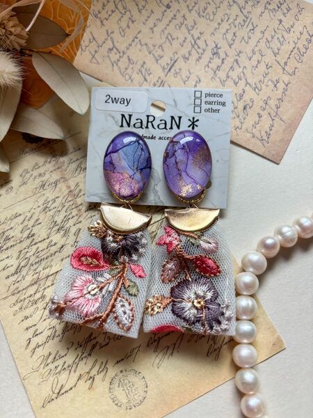 296≫アルコールインクアート【nara】2wayインド刺繍リボンタッセルイヤリング アクセサリー