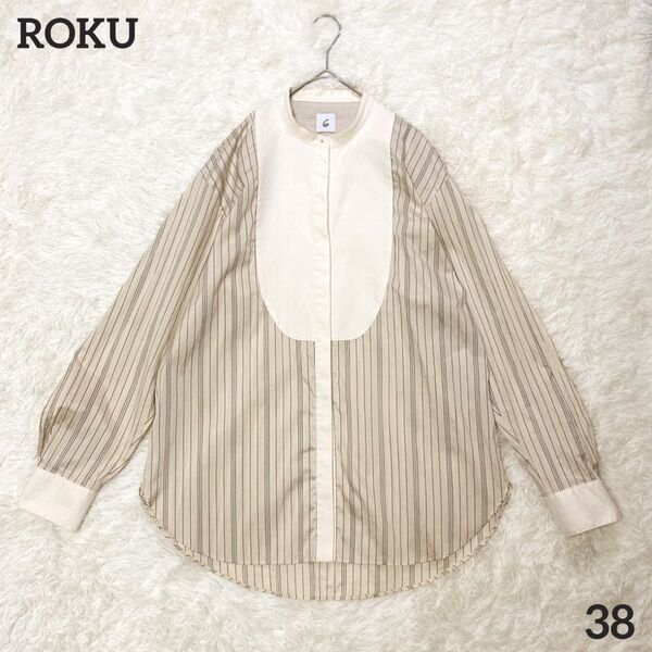 ロク6 シルク混 ストライプドレスシャツ ブラウス 38 イエロー アイボリー バンドカラー ユナイテッドアローズ 比翼 ヨーク