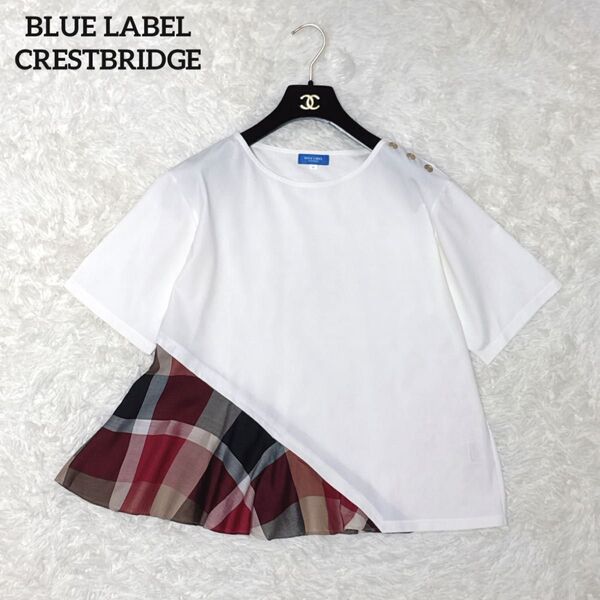 ブルーレーベルクレストブリッジ アシンメトリー カットソー Tシャツ ホワイト 白 半袖 チェック レッド 38 M バーバリー