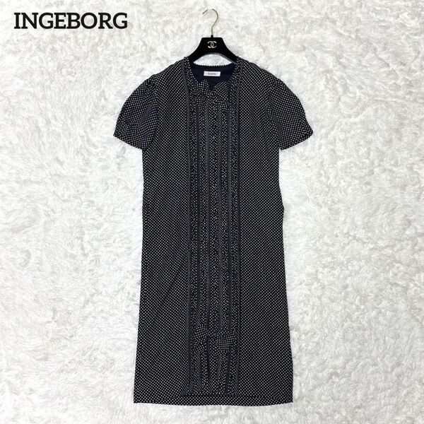 INGEBORG ドット リボン ワンピース ブラック ホワイト 半袖 ピンタックフリル ピコ加工 タイト ロング ピンクハウス