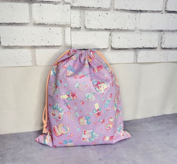 コスメ柄プリント お着替え袋 体操服入れ ピンクパープル 入学入園 新学期 ハンドメイド 巾着