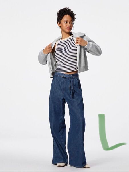 未使用 GU オンライン限定 ライトデニムベルテッドワイドパンツ Lサイズ 丈長め