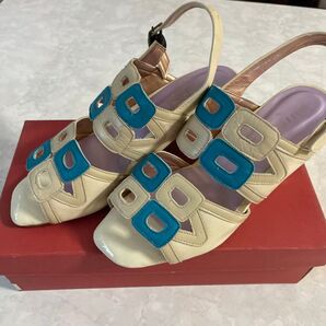 madrasストラップサンダル オフホワイト×ターコイズブルー 36