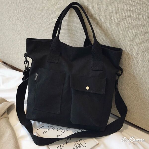 キャンバス トート ショルダー マザーズ バッグ ブラック 2way キャンバス A4対応 肩掛け 斜め掛け ハンドバッグ 通勤