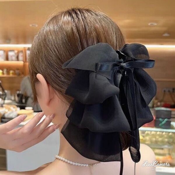ヘアクリップ バンスクリップ シフォン ブラック 髪留め 可愛い リボン ヘアアレンジ 黒 高級感 キレイめ 結婚式 パーティー