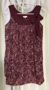  HusHush chiffon blouse tunic bordeaux floral print no sleeve 3 ribbon stretch 