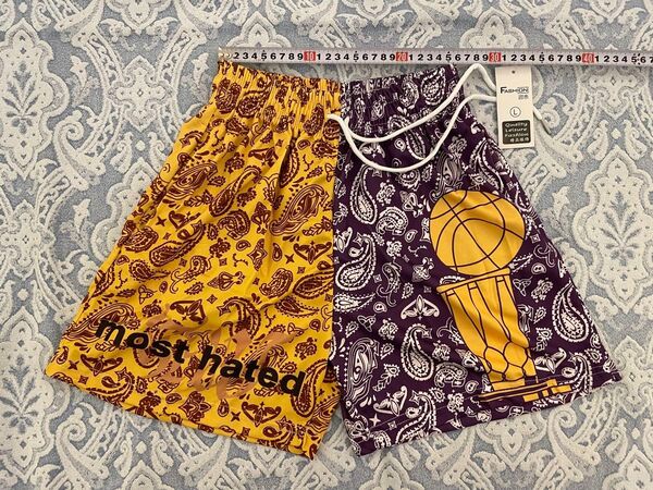 新品未使用 L コービーブライアント バスパン 金x紫 アシンメトリー NBA ハーフパンツ ショートパンツ