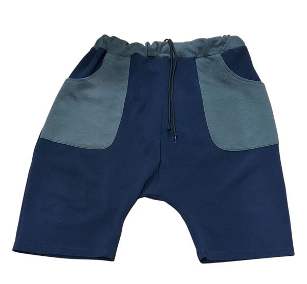 ネイビー グレー サルエルパンツ ハーフパンツ ツートンカラー ウエストゴ サイズ L