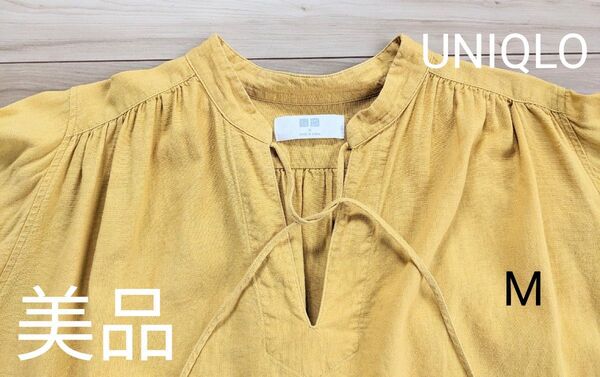 美品 UNIQLO 七分袖 ブラウス Mサイズ 山吹色に近い黄色 胸元リボンあり 即発送