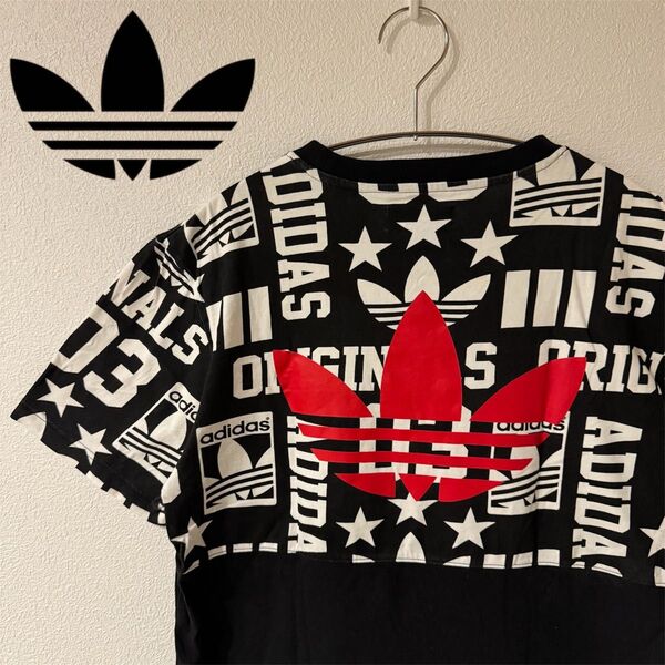 【レア】 adidas originals 切り替えTシャツ 刺繍ロゴ L 半袖 ブラック クルーネック 黒