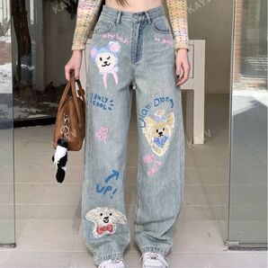 SHEINドッグ柄デニムパンツ グラフィティプリント ハイウエスト ワイドストレートデニムパンツ