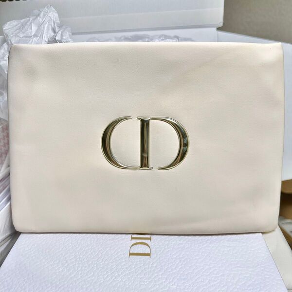 訳有品 未使用 ディオール DIOR レザー風 ノベルティ クラッチ フラット ポーチ アイボリー オフホワイト H41 激レア★