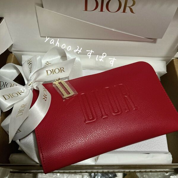 新品未使用 ディオール DIOR PUレザー風 ジップウォレット型 ノベルティ ポーチ 赤 レッド