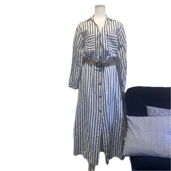 【ZARA新品】綿麻混2WAYスリーブ ジュートベルト付 ロングシャツワンピース ストライプ