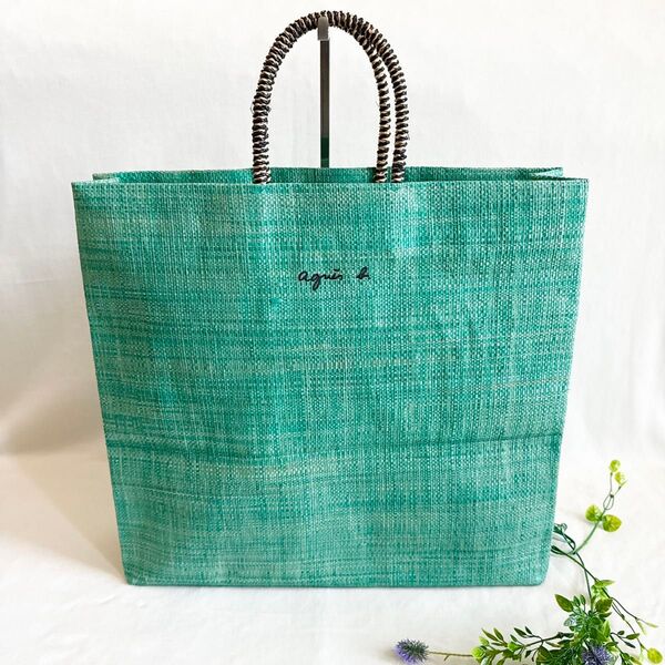 【極美品】アニエスベー ラフィアトートバッグ グリーン 軽量 ロゴ刺繍 A4OK