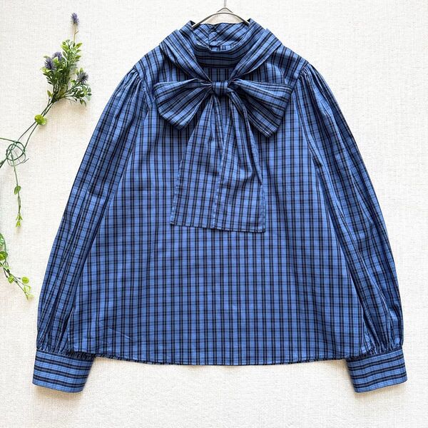 【極美品】ナラカミーチェ ストレッチ チェック ボウタイ付きブラウス 2XL