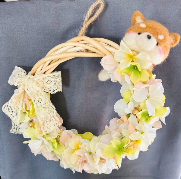 ハンドメイド リース 羊毛フェルト 柴犬 紫陽花