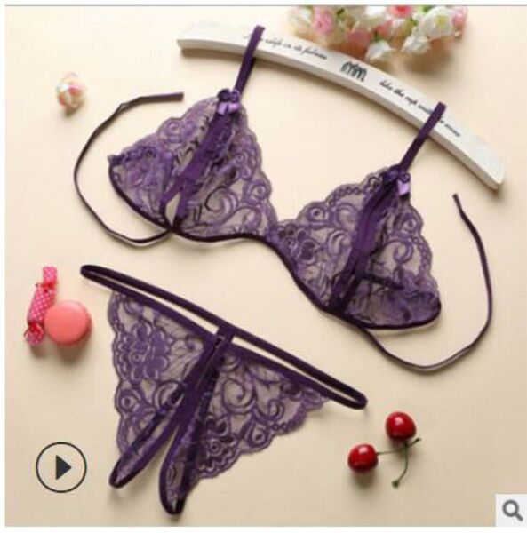 セクシーランジェリー ブラショーツセット シースルー ショーツ 下着 オープンクロッチ Tバック 紐ブラ パープル(1350)