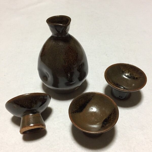 熔岩焼 徳利 1本 & 盃 3個 セット 酒器 昭和レトロ 溶岩焼き