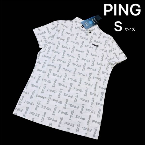 【新品】PING 半袖 モックネックシャツ ロゴプリント グレー S レディース