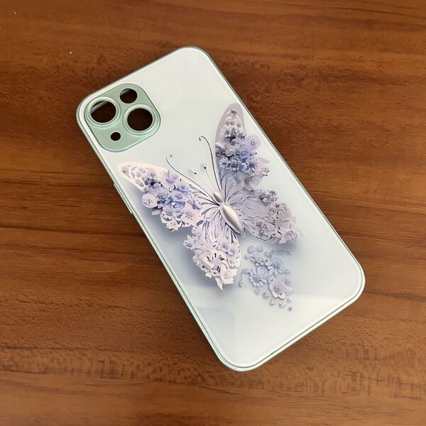 iPhone14用ケース 蝶 ライトブルー×ライトパープル