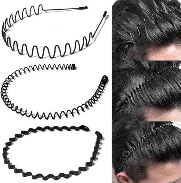 【3本セット】カチューシャ ブラック メンズ スプリング ヘアバンド 波型