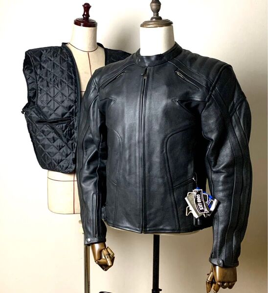 【未使用タグ付き】GOOD LUCK レザー ライダース バイカージャケット L キルティングライナー着脱可 プロテクター5点付属