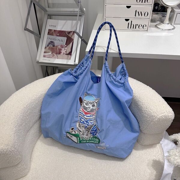Ball&Chain猫刺繍エコバッグ 青 Mサイズ ショルダー付き